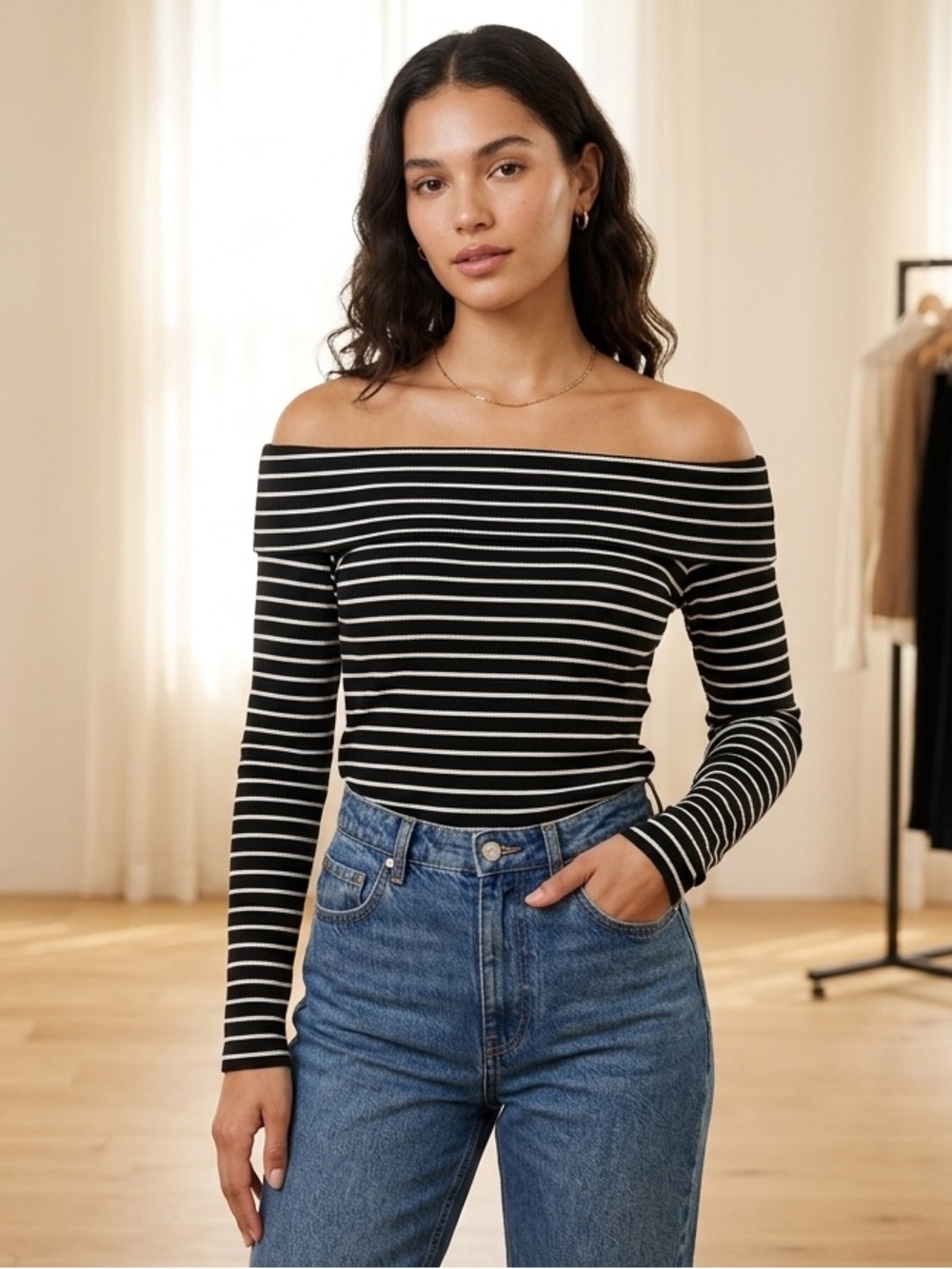 Forever 21 Black & White Striped Off-Shoulder Long Sleeve Top